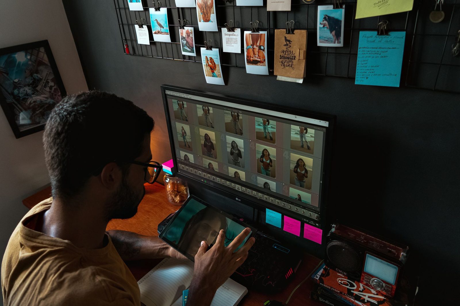 Fotógrafo revisando horas de edición en una agenda junto a un computador con una galería